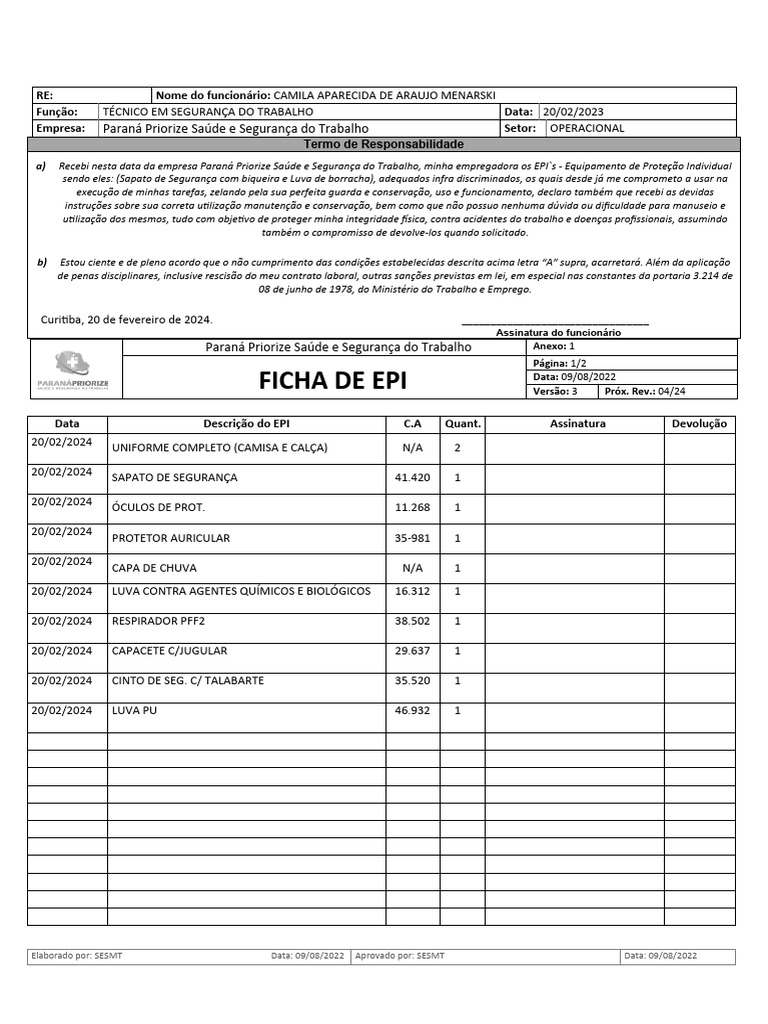 Ficha de EPI -técnico | PDF | Segurança e saúde ocupacional