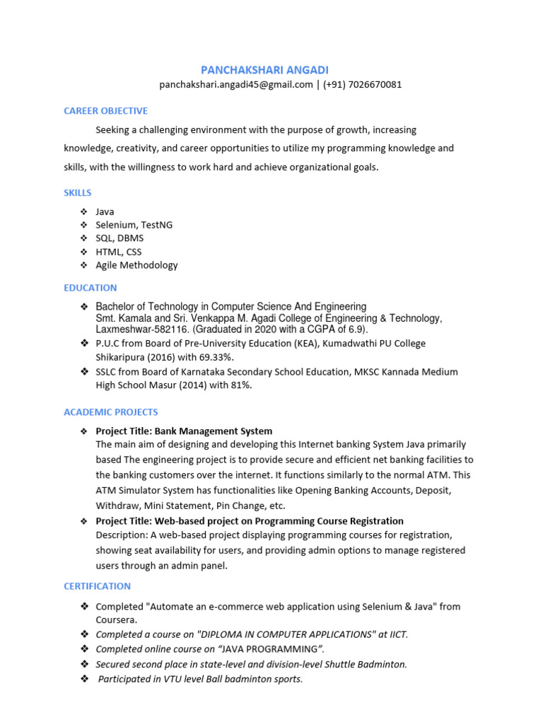 Java Developer Resume of Panchakshari | PDF | Knowledge | Java ...
