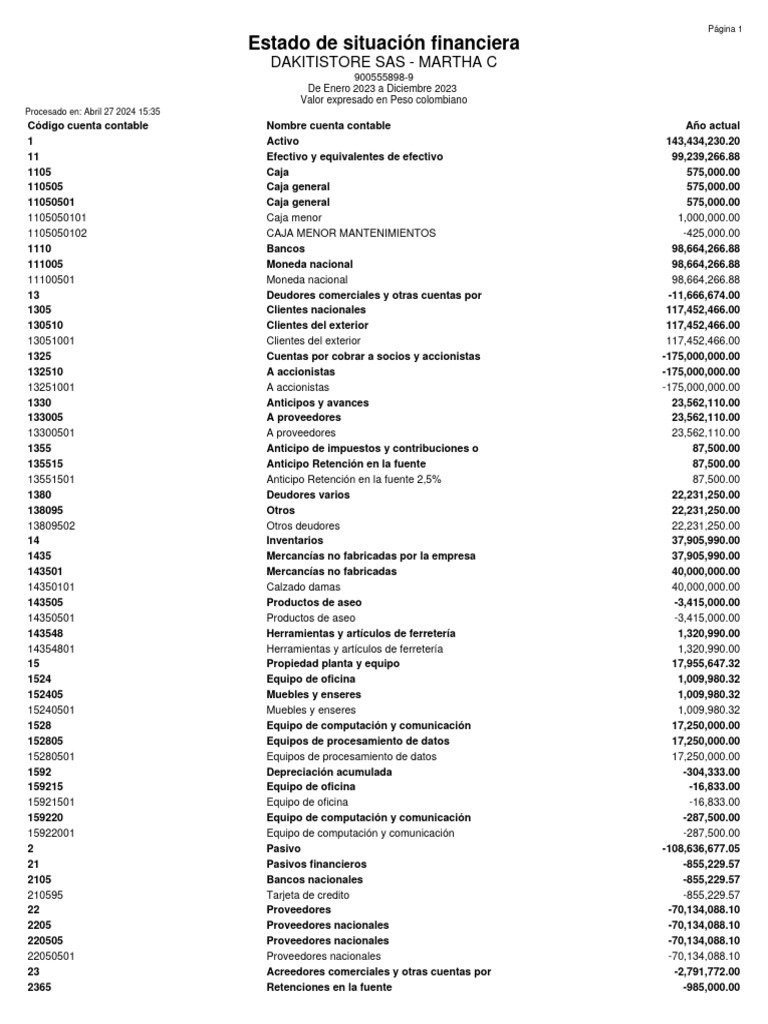 Estado de Situación Financiera | PDF | Servicios financieros | Business