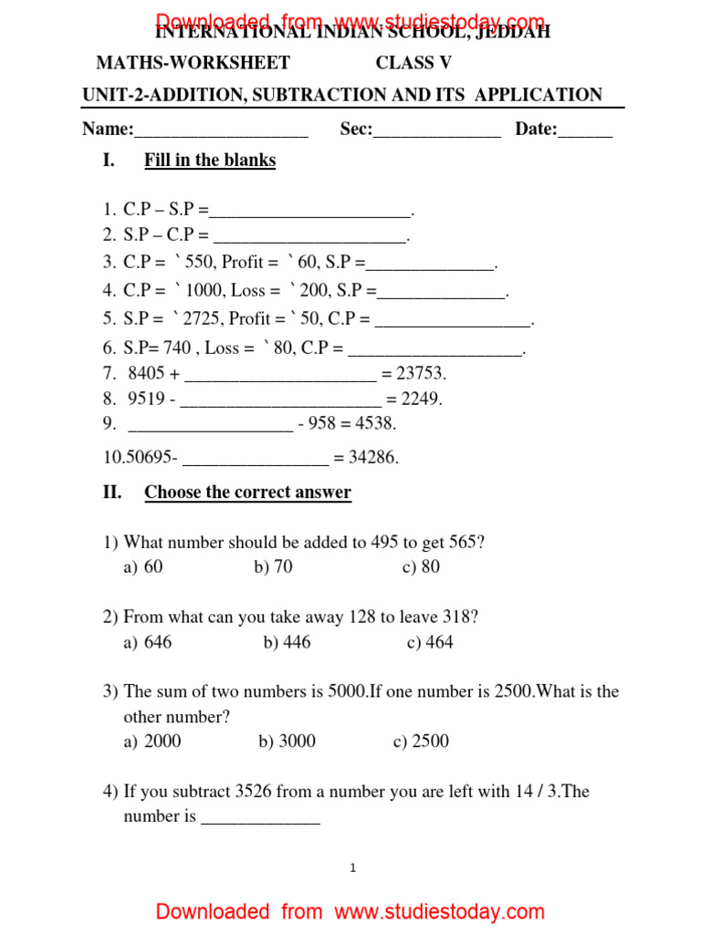 Class 5 Addition and Subtraction Worksheet | PDF