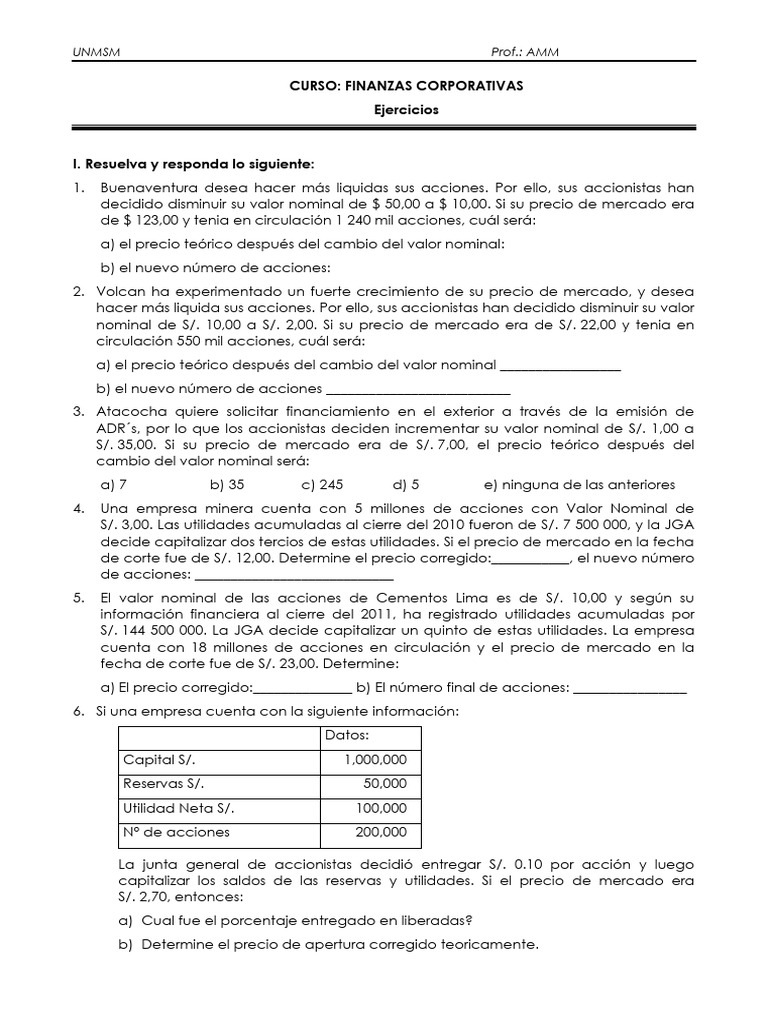 Ejercicios de Finanzas Corporativas UNMSM | PDF | Compartir (Finanzas ...