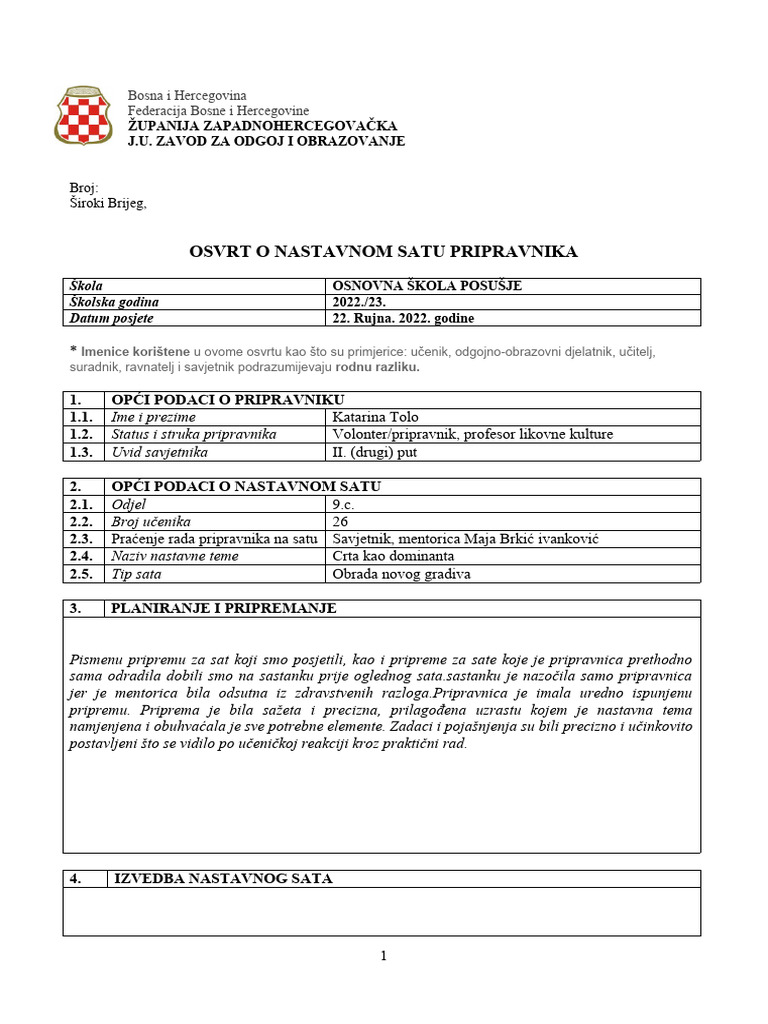 Osvrt o Drugom Oglednom Nastavnom Satu Pripravnice Katarine Tolo | PDF
