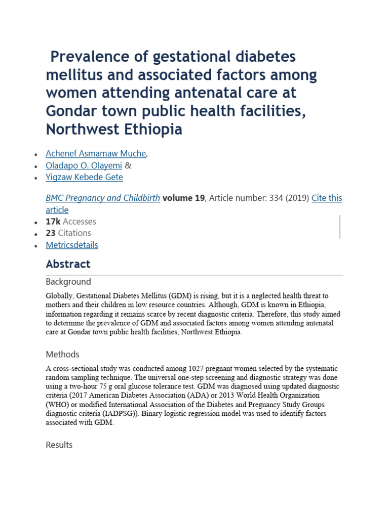 Prevalence of Gestational Diabetes Mellitus and Associated Factors ...