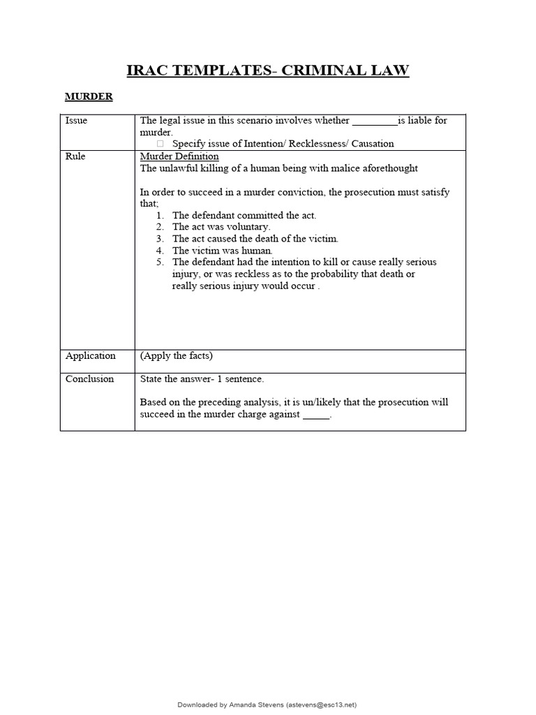 IRAC criminal law Murder Template PDF Manslaughter Murder