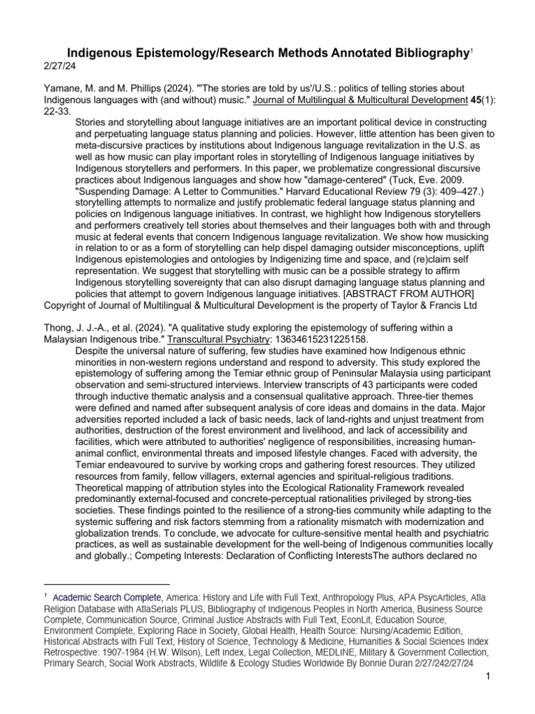 Indigenous Epistemology:Research Methods Annotated Bibliography 2-2024 ...