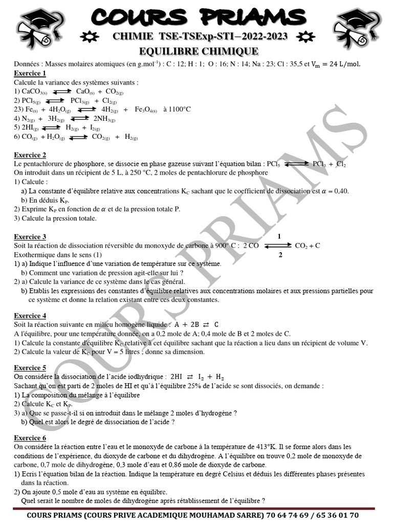 Exercices sur l'équilibre chimique 2022-2023 | PDF | Équilibre chimique ...