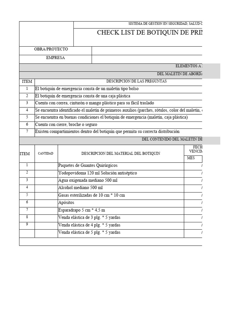 Checklist Botiquín de Primeros Auxilios | PDF | Primeros auxilios