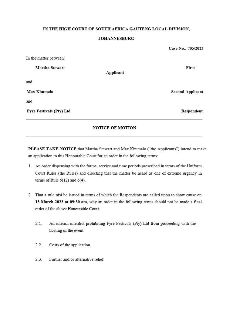 Urgent Interdict Application for Fyre Festival | PDF | Affidavit ...
