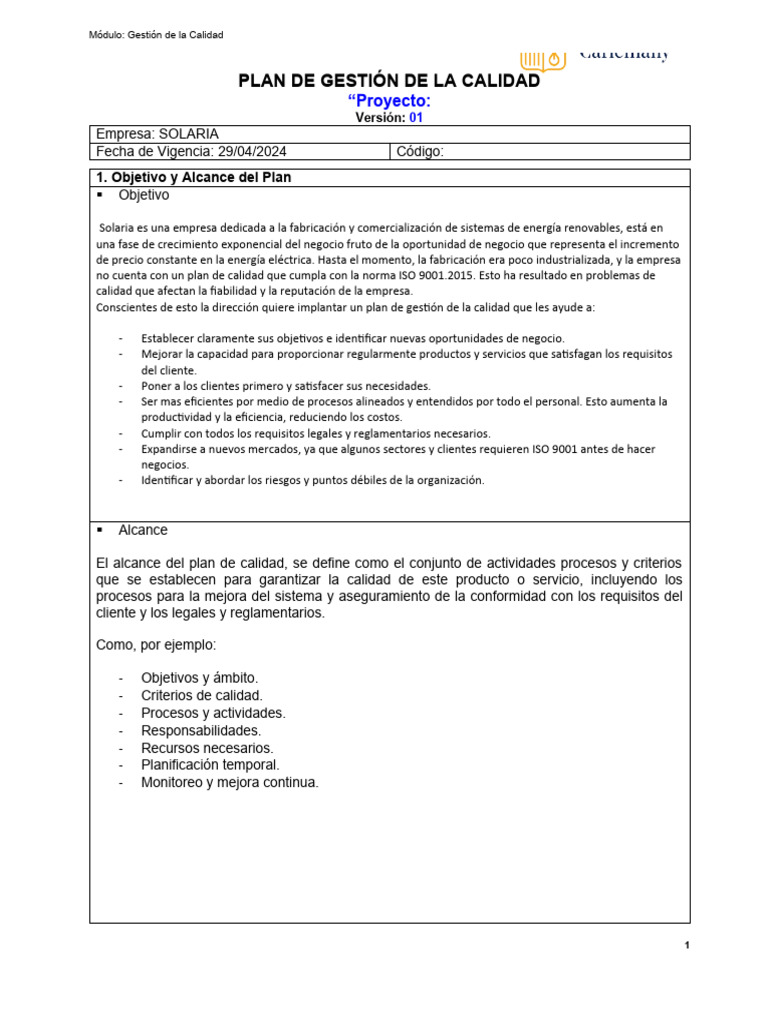 Plantilla Plan de Gestion de La Calidad | PDF | Calidad (comercial ...