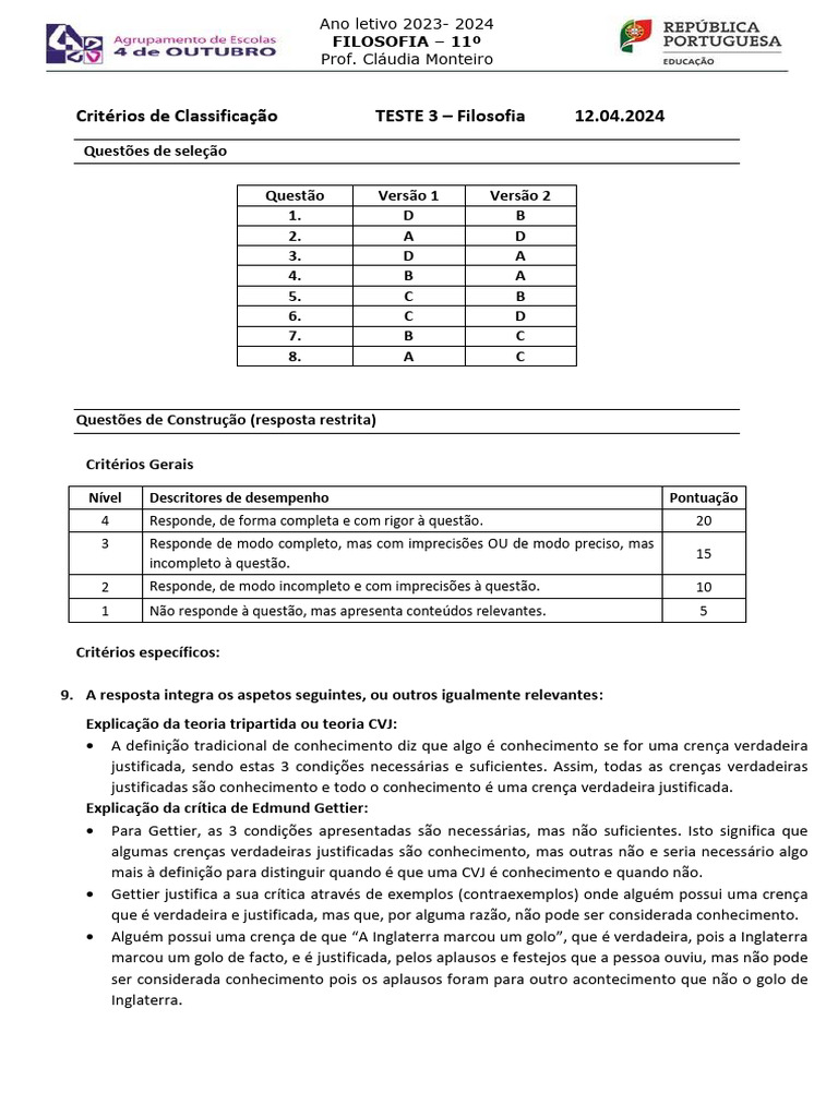 Teste 3 11 1 2023 2024 Epist Descartes CC | PDF | Conhecimento | Pensamento