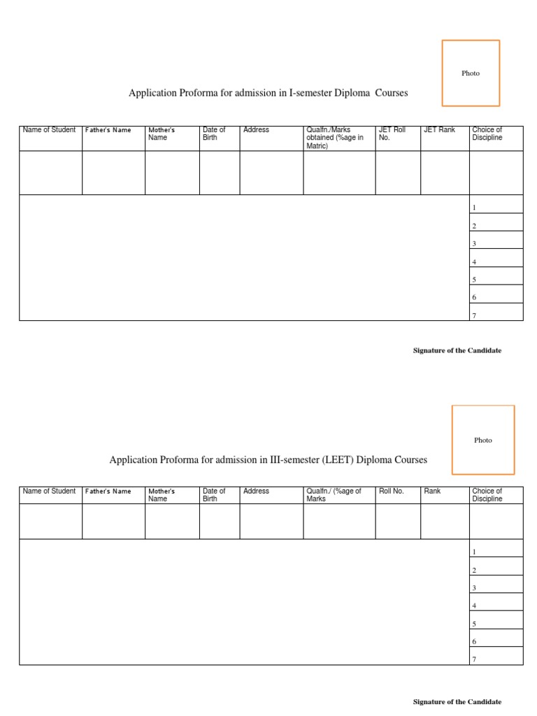 Application Proforma For Admission in I-Semester Diploma Courses | PDF