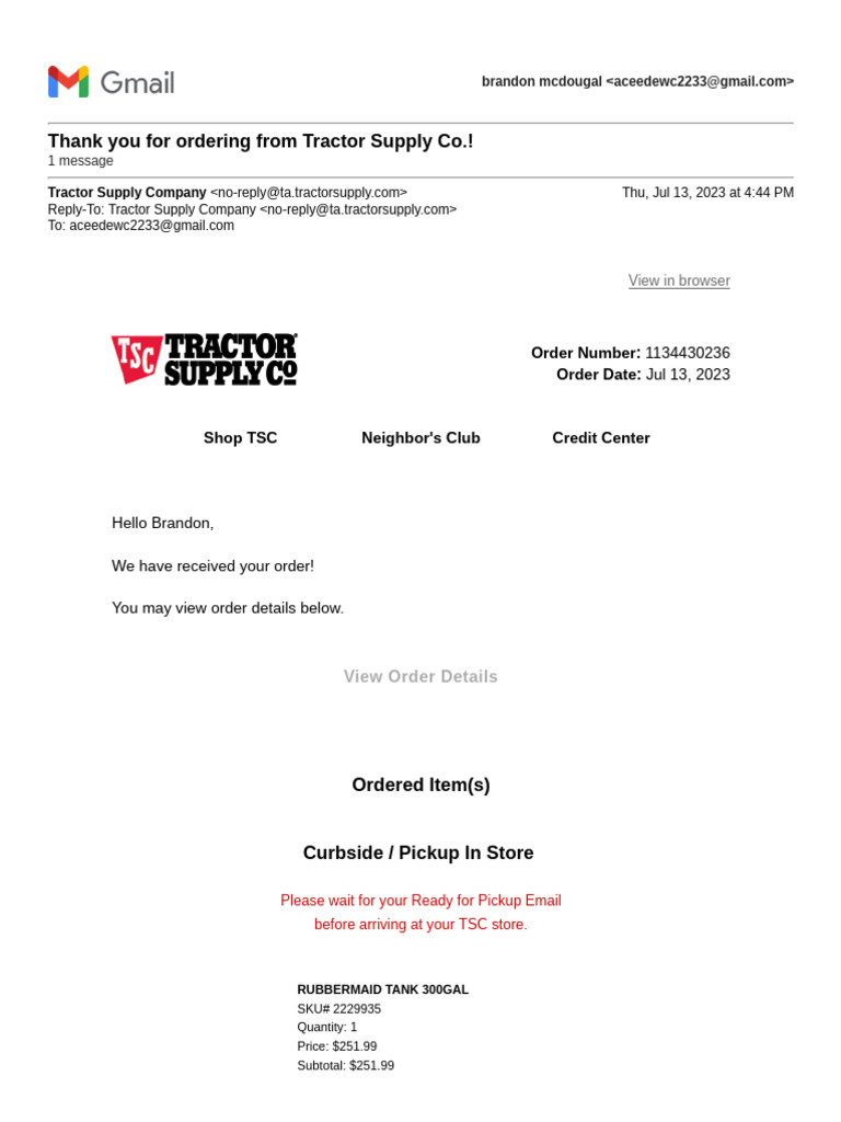 Gmail Thank You For Ordering From Tractor Supply Co.! PDF