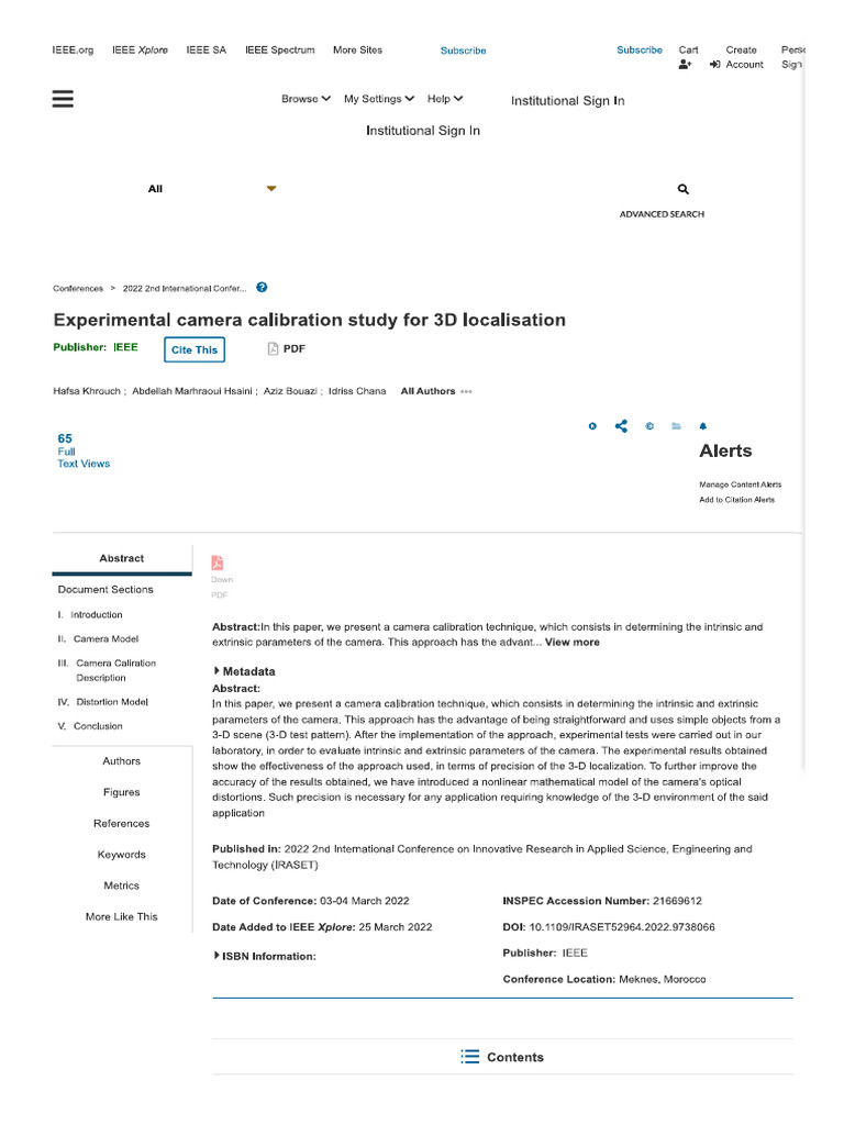 2022 - Experimental Camera Calibration Study For 3D Localisation | PDF