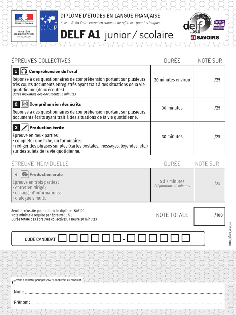 DELF A1 Scolaire Et Junior Sujet 1 | PDF