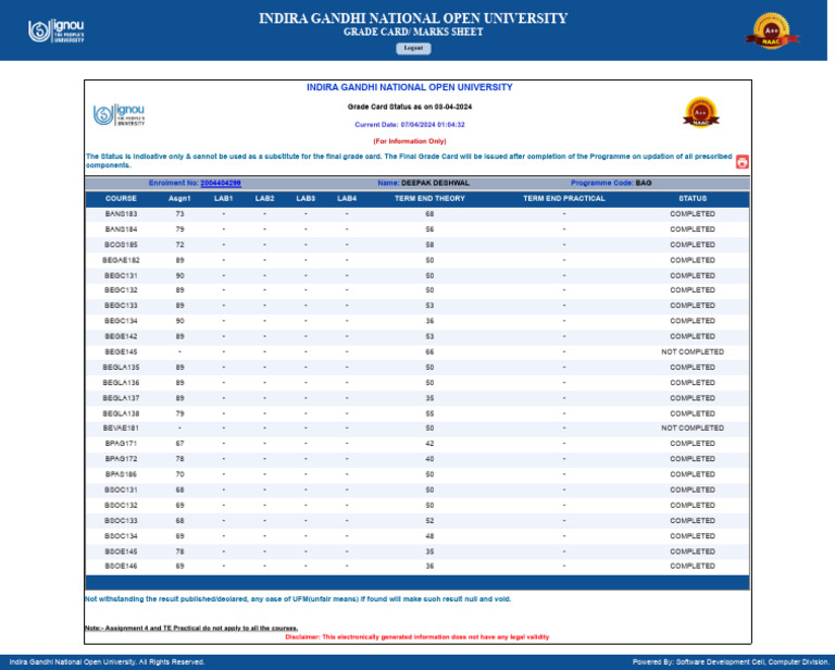 IGNOU BAG Grade Card Status 2024 | PDF | Computing | Computer Science