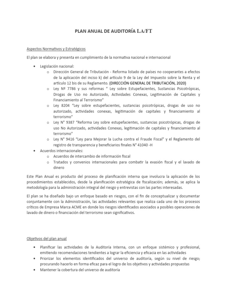 Plan Anual de Auditoría LA/FT 2023 | PDF | Auditoría | Riesgo