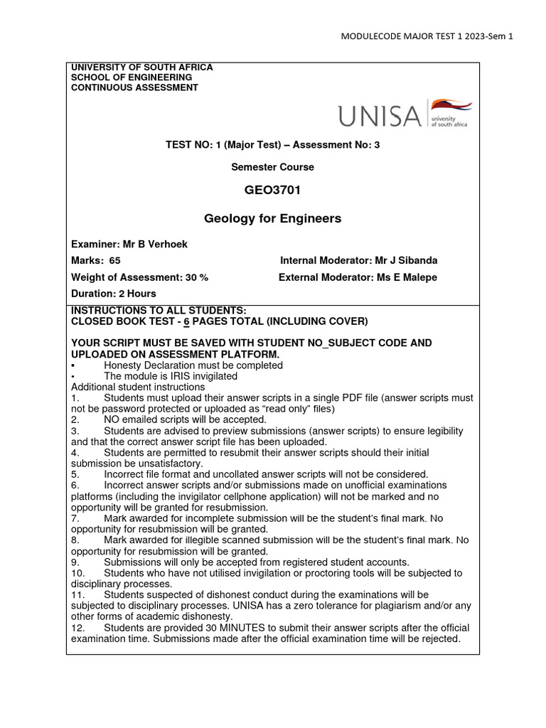 UNISA GEO3701 Major Test Guidelines | PDF | Minerals | Igneous Rock