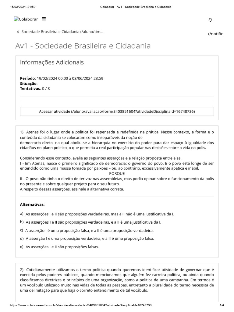 Colaborar - Av1 - Sociedade Brasileira e Cidadania | Download grátis ...