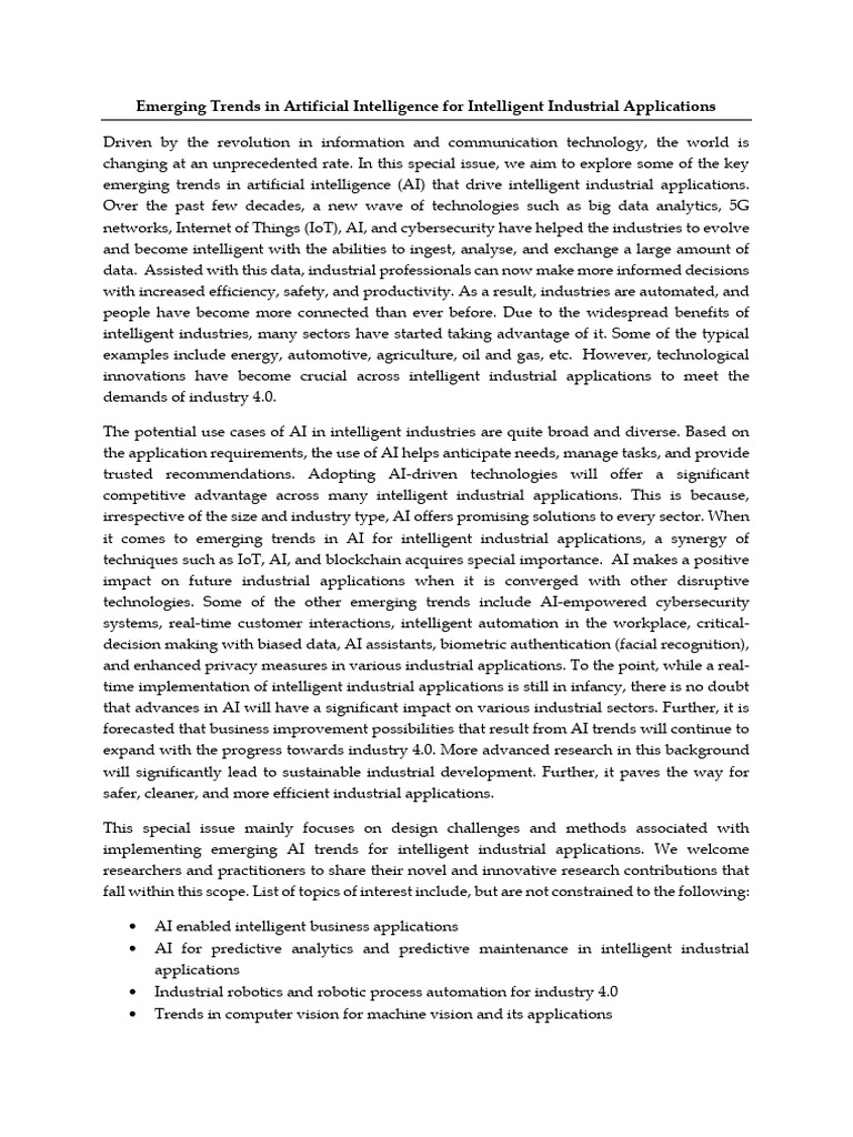 Emerging Trends in Artificial Intelligence For Intelligent Industrial ...