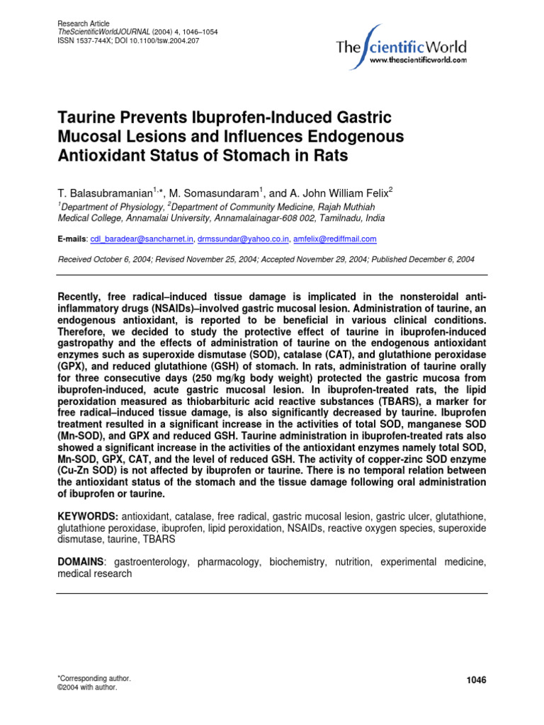 Taurine Prevents IbuprofenInduced Gastric Mucosal Lesions and