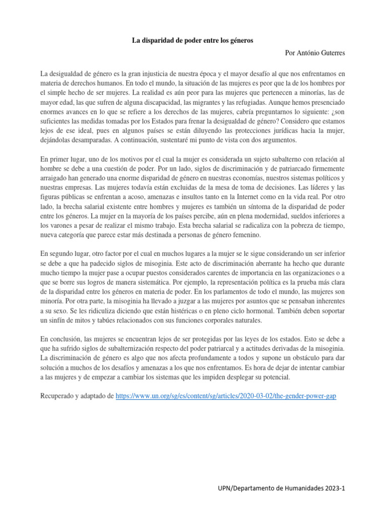 Artículo de Opinión - La Disparidad de Poder Entre Los Géneros | PDF ...