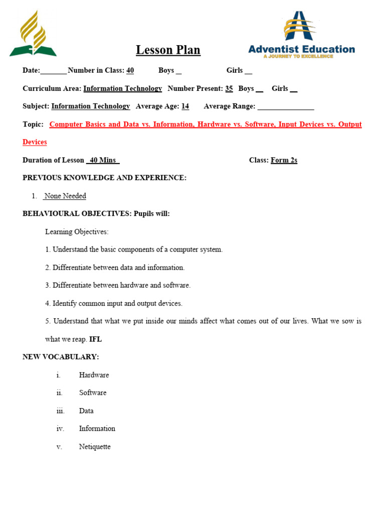 Lesson Plan Introduction To Computing | PDF | Computer Hardware | Input ...