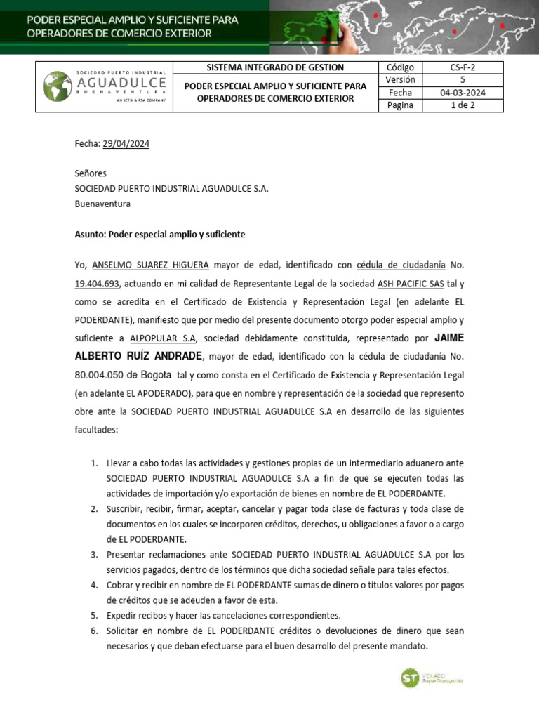 CS F 2 Poder para Operadores de Comercio Exterior V5 | PDF | El ...