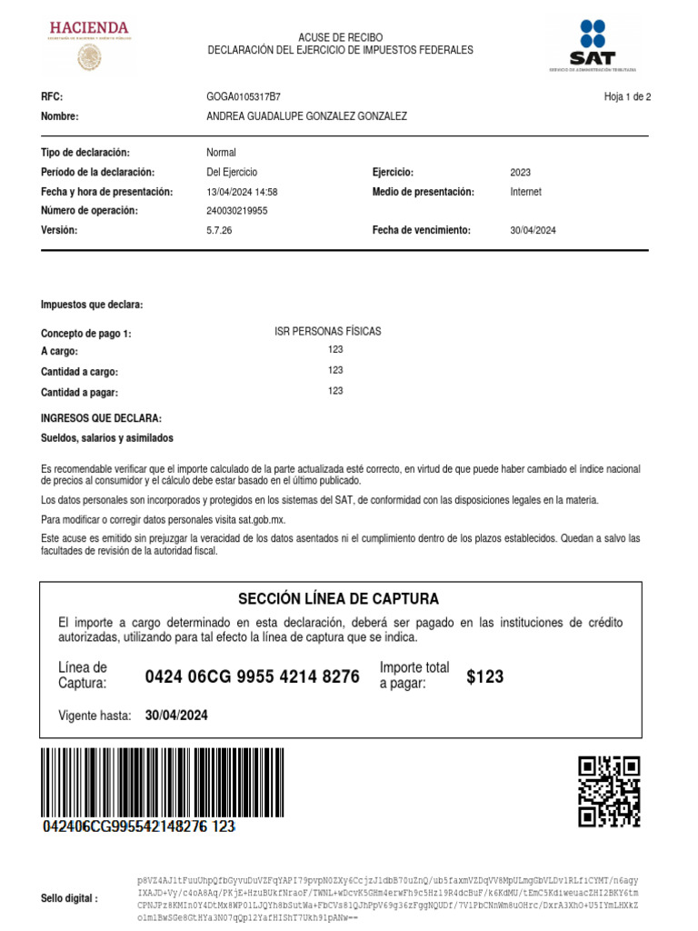Declaración ISR 2023 de Andrea G. | PDF | Impuesto sobre la renta | Bancos