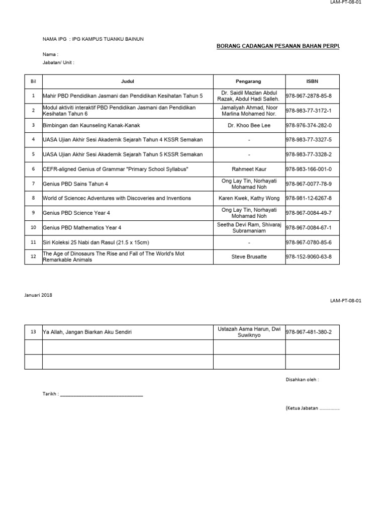 Borang Cadangan Pesanan Bahan Perpustakaan | PDF
