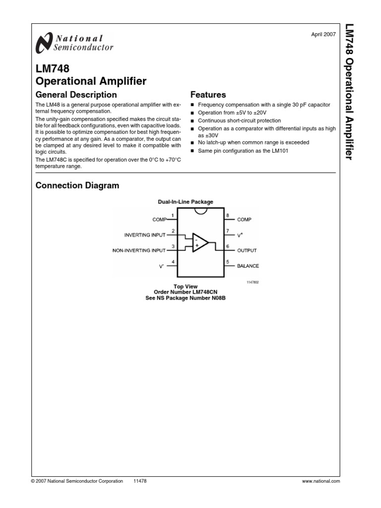LM748 | PDF | Amplifier | Operational Amplifier