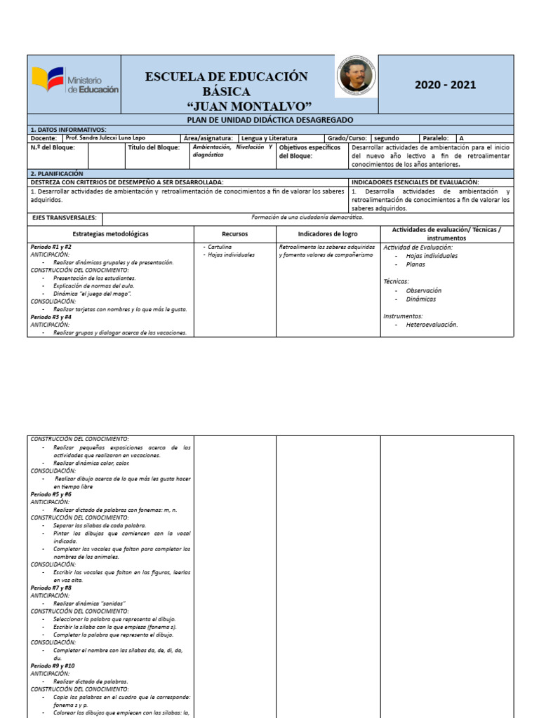 Plan Didáctico para Segundo Grado | PDF | Maestros | Evaluación