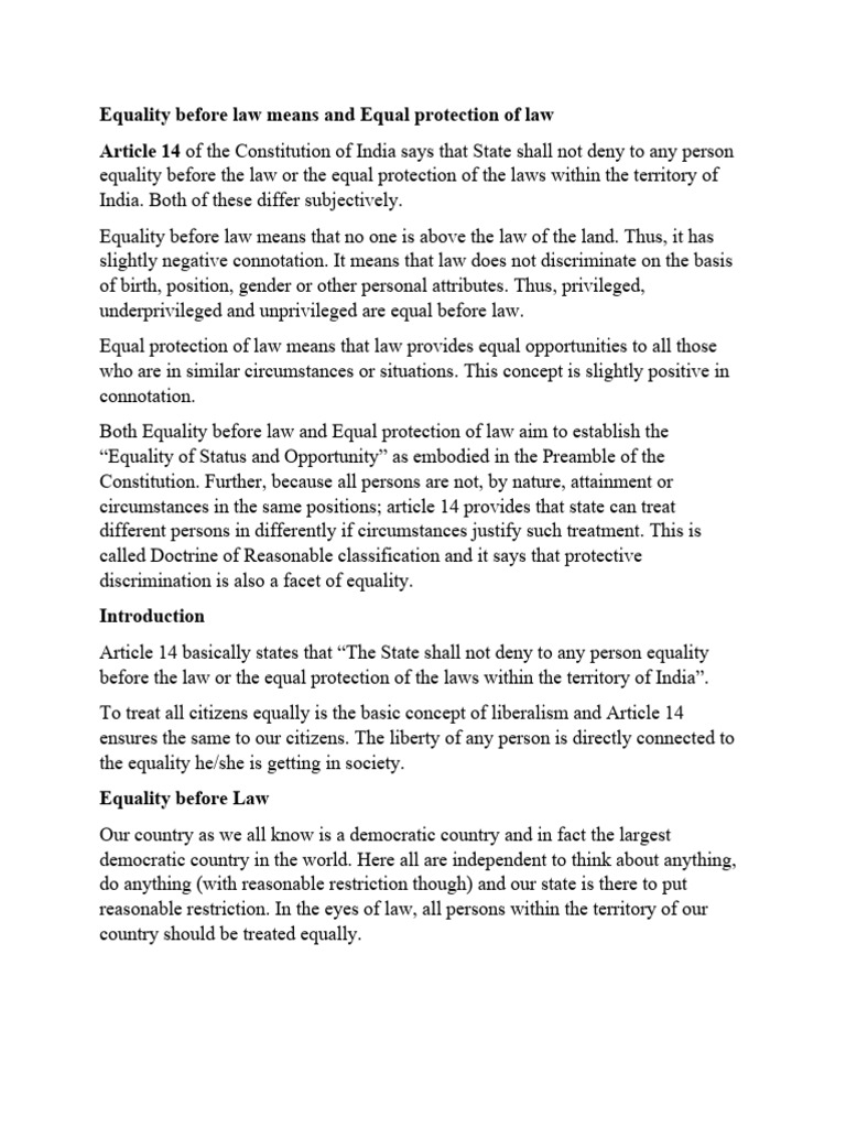 Article 14 - Equality Before Law Means and Equal Protection of Law ...