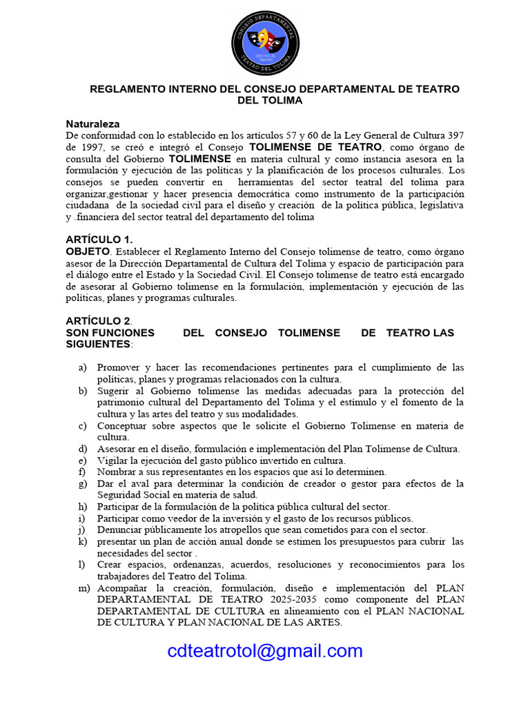 Reglamento Interno Consejo Teatro Del Tolima - 2024-2028 | PDF | Teatro ...