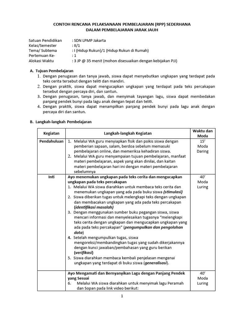 Contoh RPP Tematik SD Sederhana PJJ | PDF