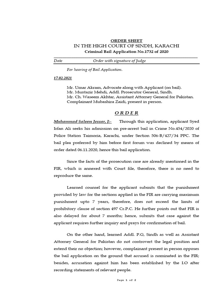 Bail Confirmation Order in Sindh High Court | PDF | Bail | Criminal Justice