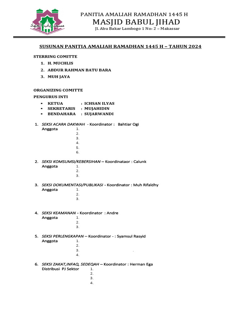 Susunan Panitia Amaliah Ramadhan 1445 H Pdf