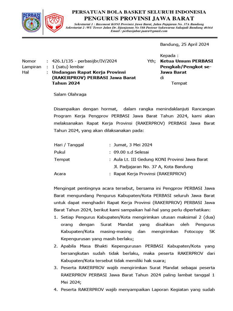 Undangan Rakerprov PERBASI Jabar 2024 | PDF