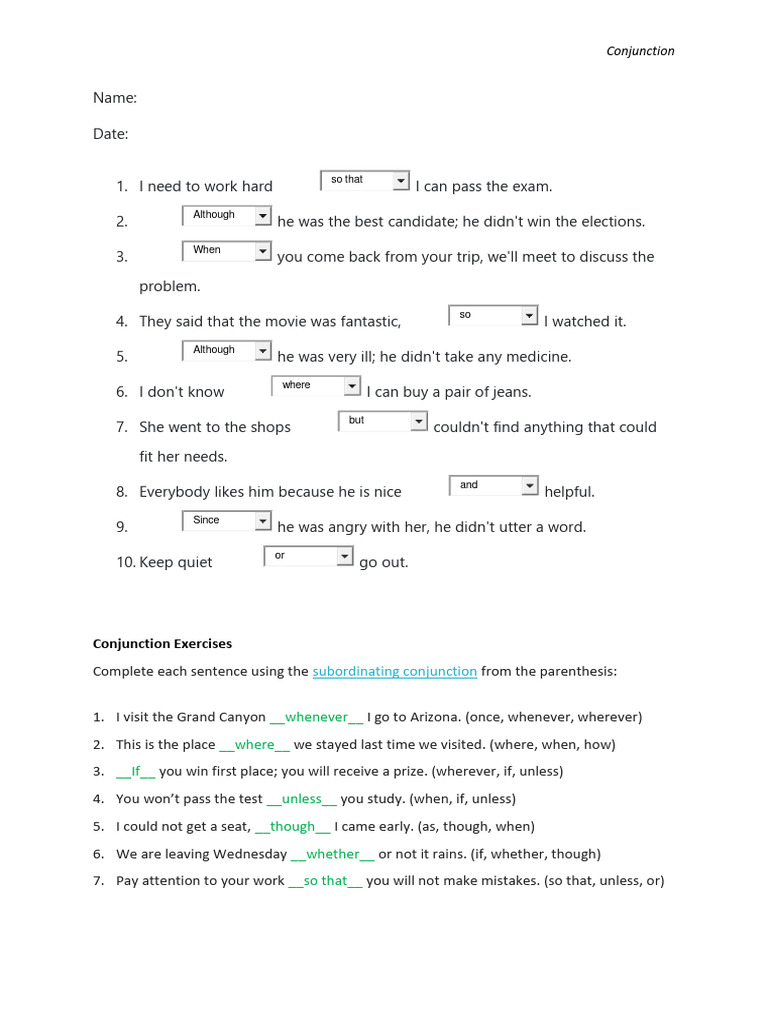 Conjunctions and Exercises Guide | PDF | Language Arts & Discipline
