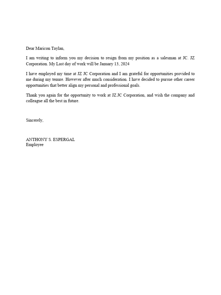 Resignation Letter from Salesman Anthony Espergal | PDF