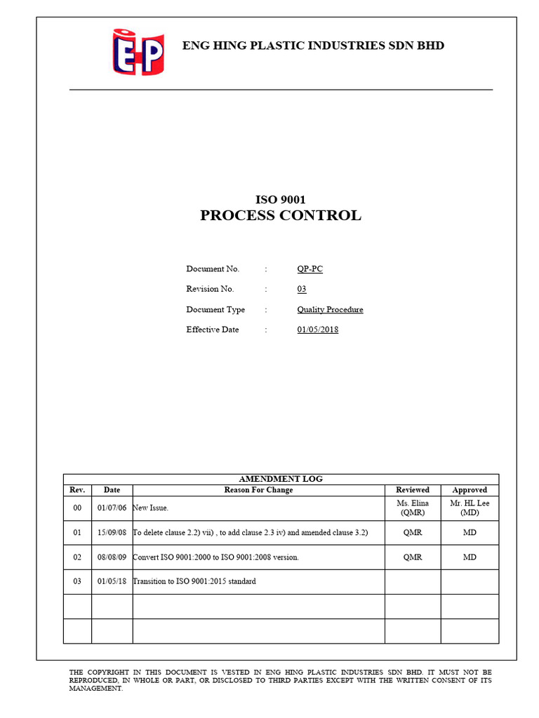 Process Control: Eng Hing Plastic Industries SDN BHD | PDF | Personal ...