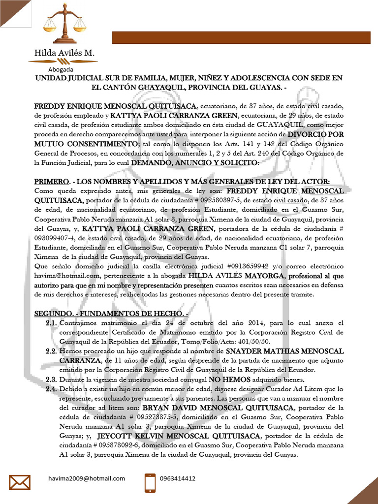 Demanda Divorcio Mutuo Acuerdo Menoscal - Carranza | Descargar gratis