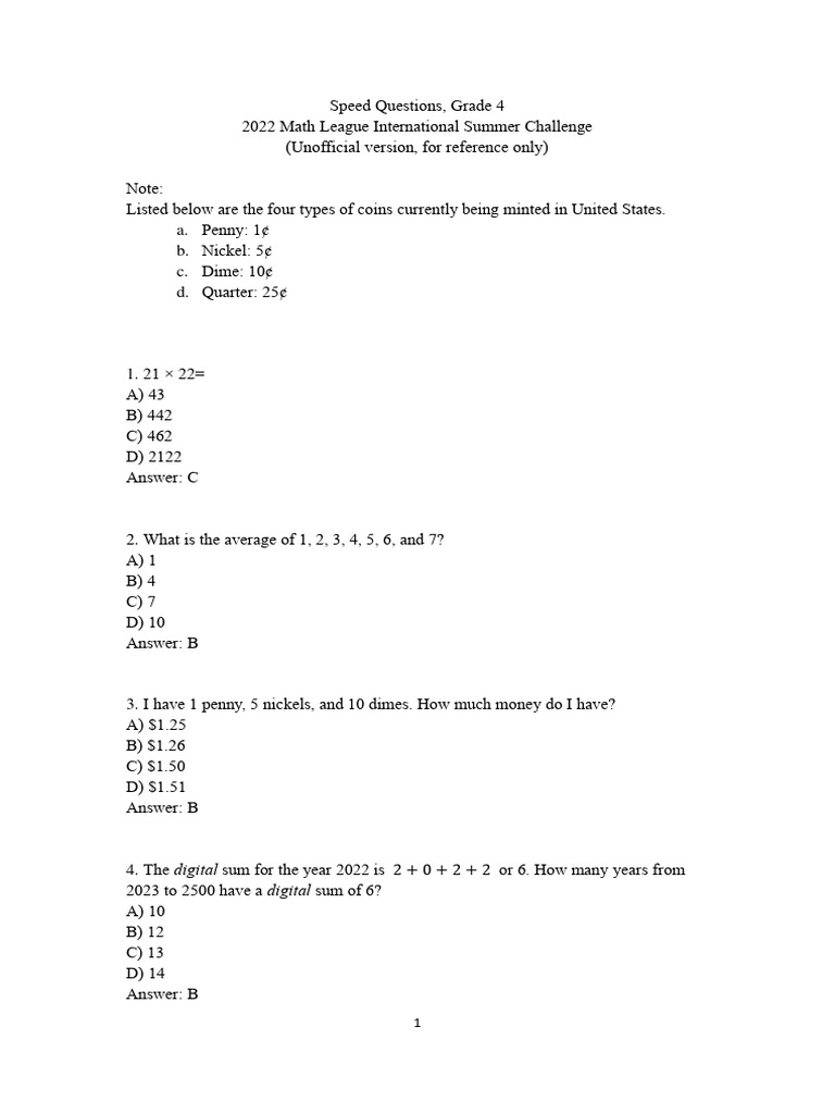 2022 4th Grade Math League Contest | PDF | Area | Nickel (United States ...