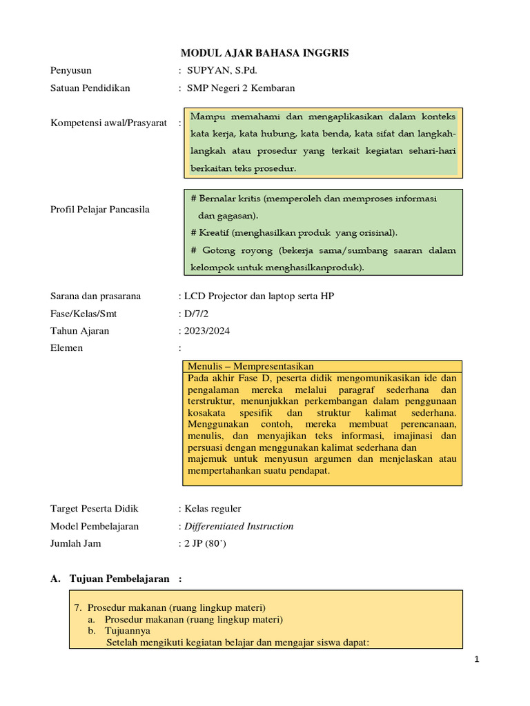 Modul Ajar Procedure Text by Supyan | PDF