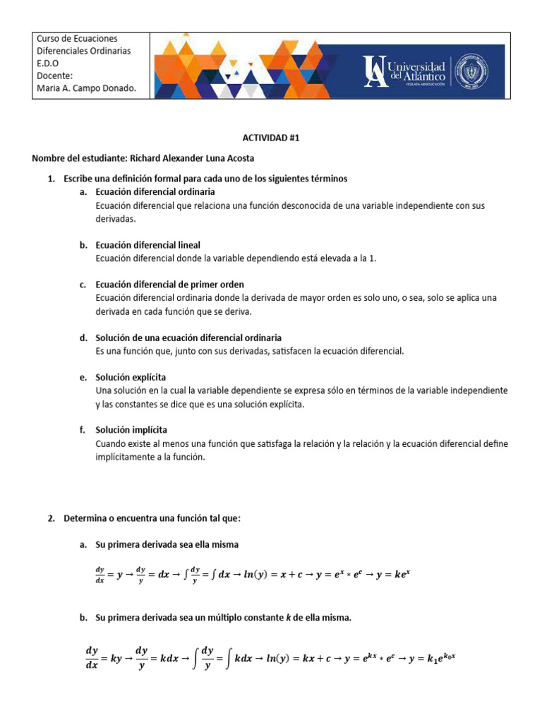 Verificación de solución EDO explícita | PDF | Ecuaciones | Ecuaciones ...