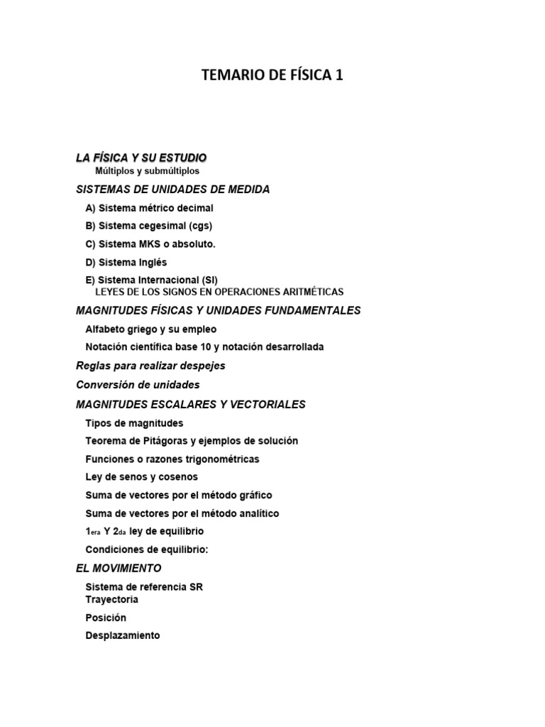 Temario Completo de Física 1 | PDF