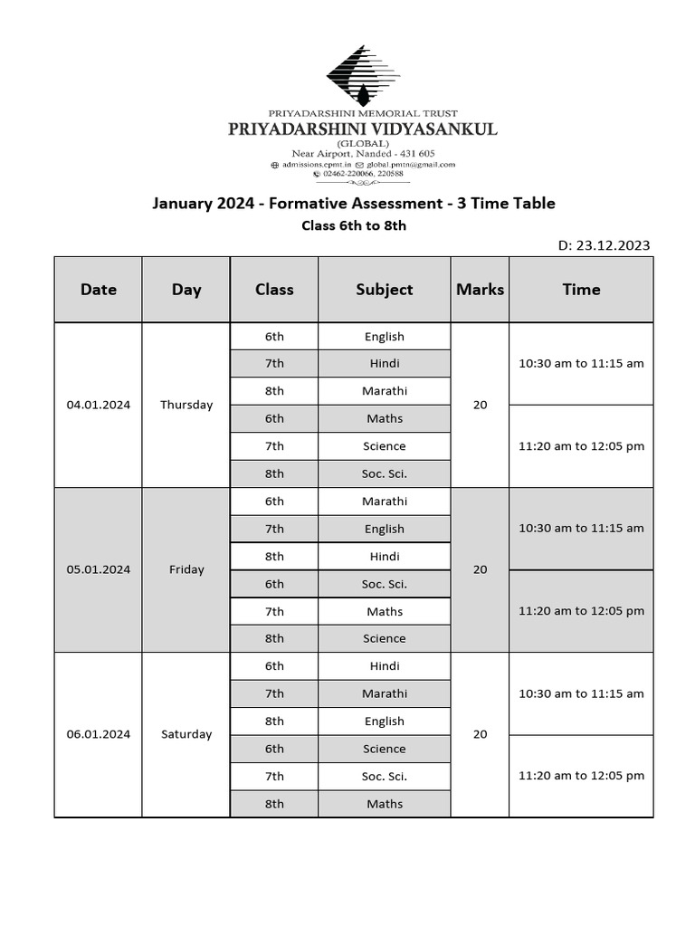 FA3 Time Table for Classes 6-8, 2024 | PDF