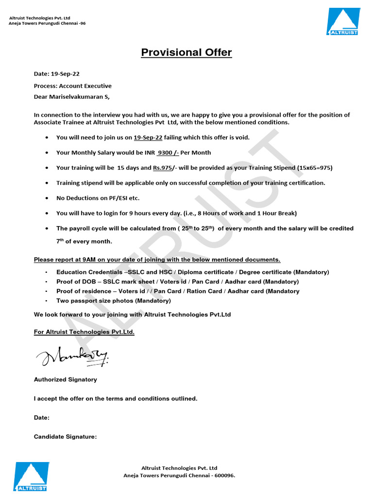 Altruist Technologies Offer Letter | PDF | Career & Growth