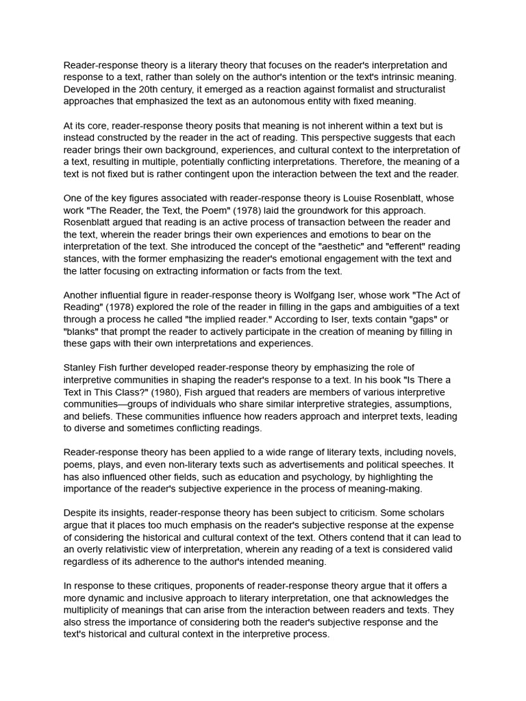 Reader Response Theory Pdf Human Communication Liberal Arts Education