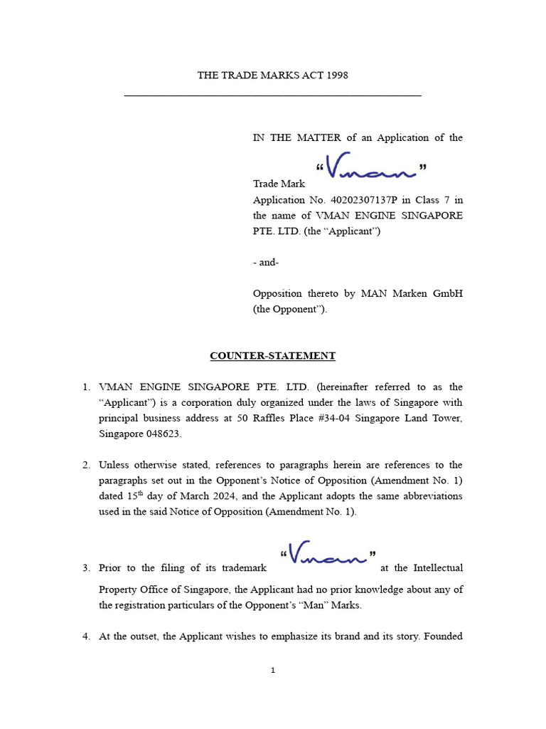 Vman Trademark Opposition Counter-Statement | PDF | Trademark | Brand