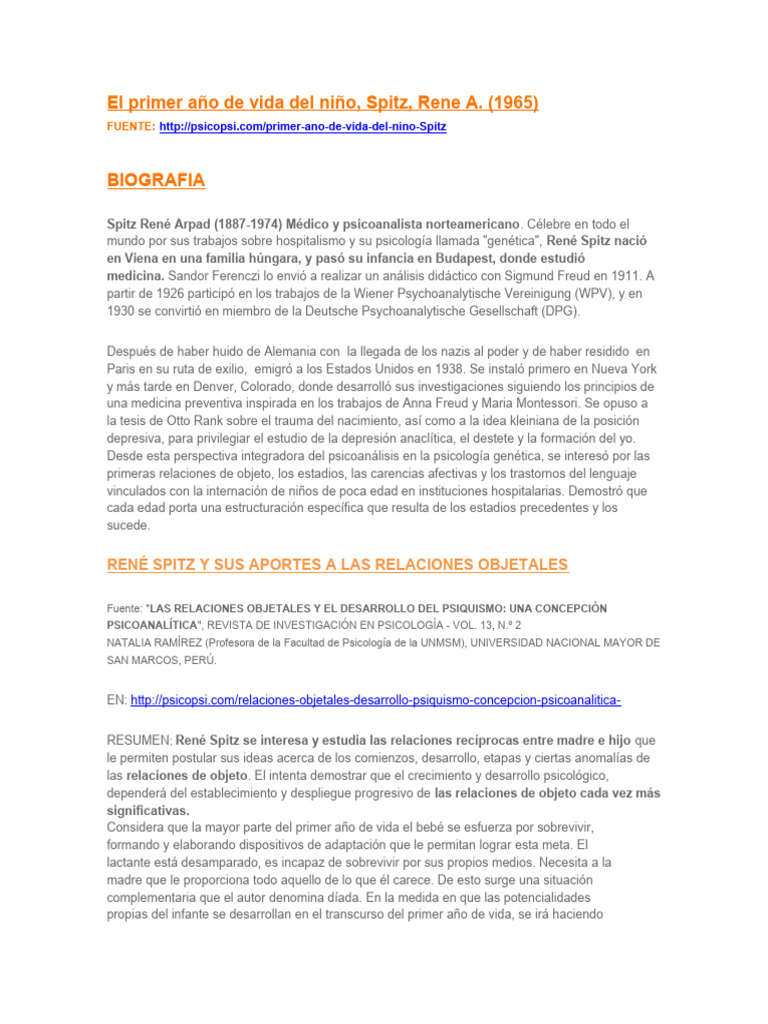 El Primer Año de Vida Del Niño de Rene Spitz | PDF | Cara | Percepción